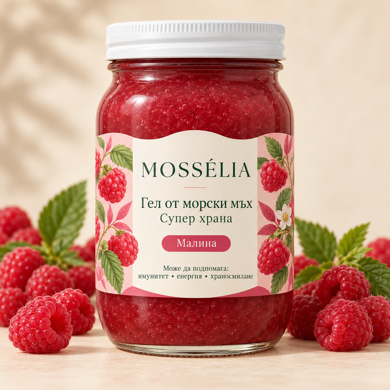MOSSÉLIA Sea Moss Gel Малина — буркан с малини наоколо